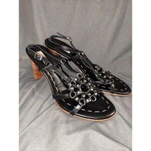 Vintage Black Strappy Botticelli Wooden Heels Sandals Size 8B